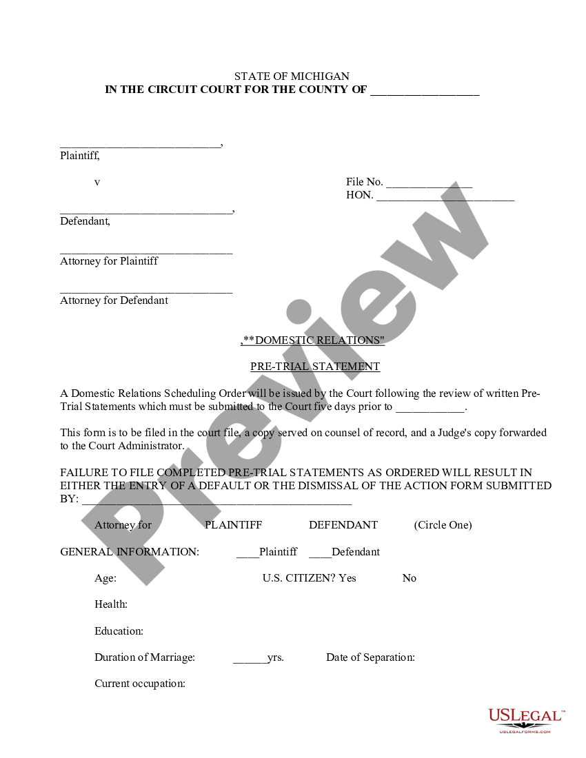 Michigan Domestic Relations - Pretrial Statement | US Legal Forms