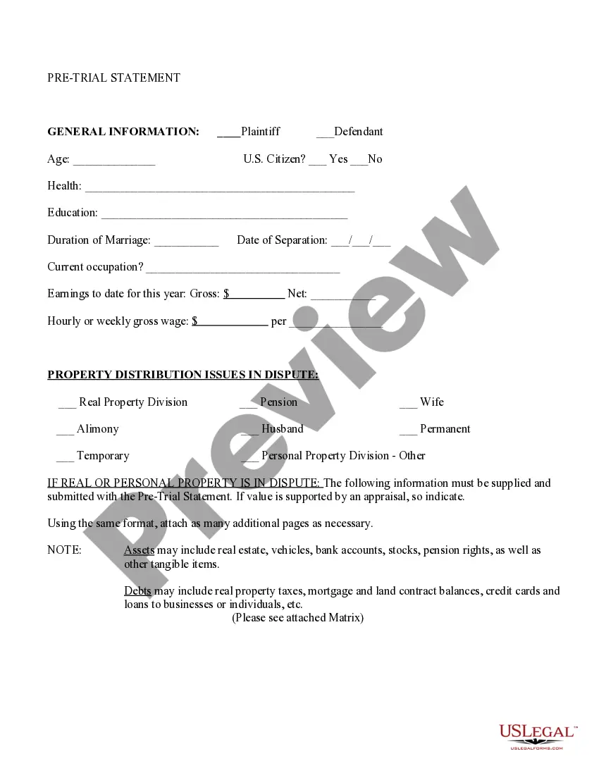 Preview Domestic Relations Pretrial Statement