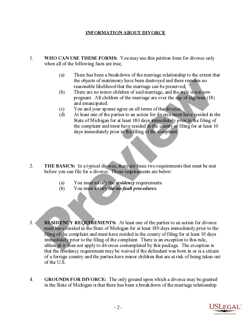 Preview Michigan No-Fault Uncontested Agreed Divorce Package for Dissolution of Marriage with Adult Children and with or without Property and Debts