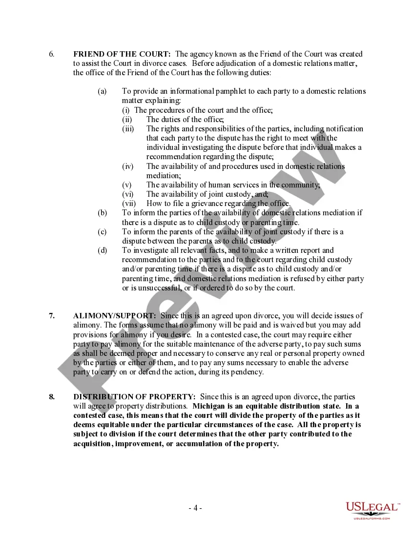 Preview Michigan No-Fault Uncontested Agreed Divorce Package for Dissolution of Marriage with Adult Children and with or without Property and Debts