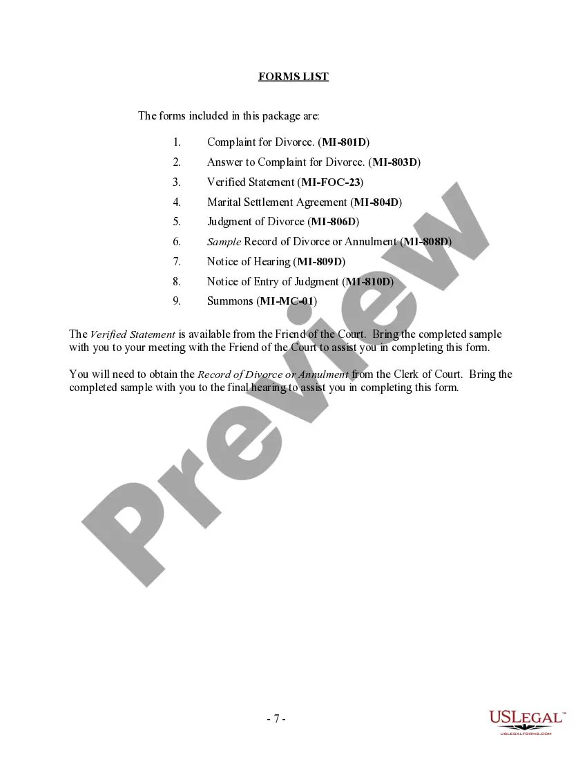 Preview Michigan No-Fault Uncontested Agreed Divorce Package for Dissolution of Marriage with Adult Children and with or without Property and Debts