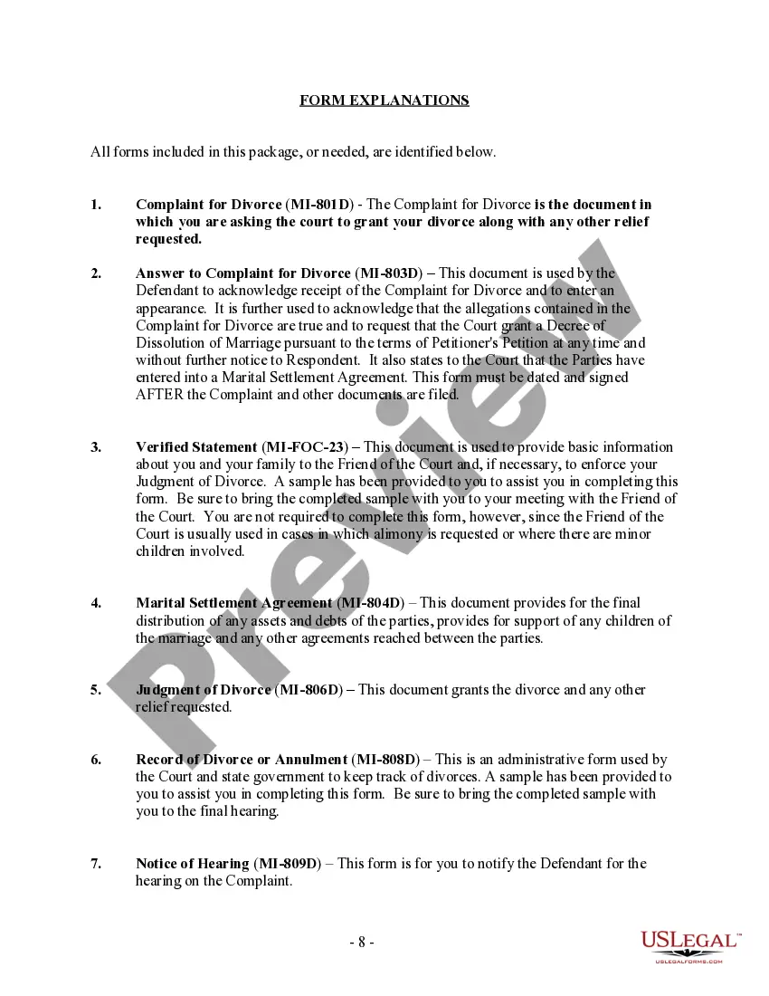 Preview Michigan No-Fault Uncontested Agreed Divorce Package for Dissolution of Marriage with Adult Children and with or without Property and Debts