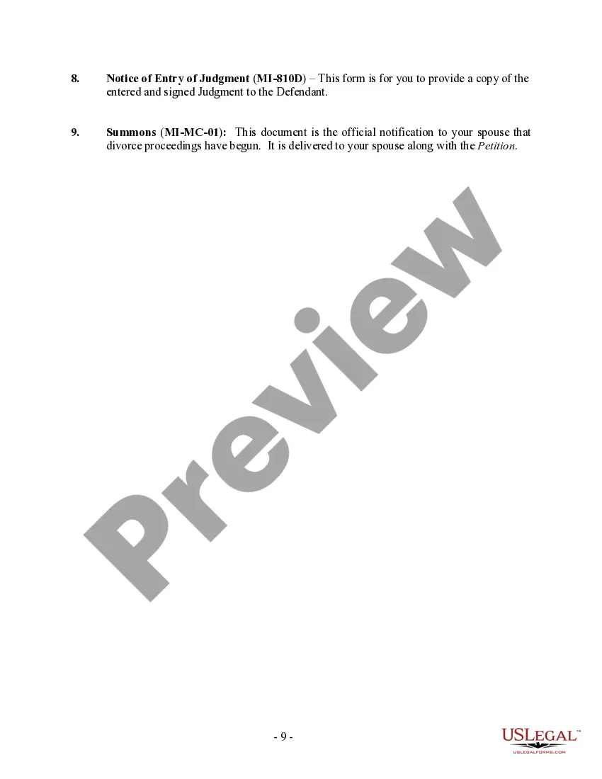 Preview Michigan No-Fault Uncontested Agreed Divorce Package for Dissolution of Marriage with Adult Children and with or without Property and Debts