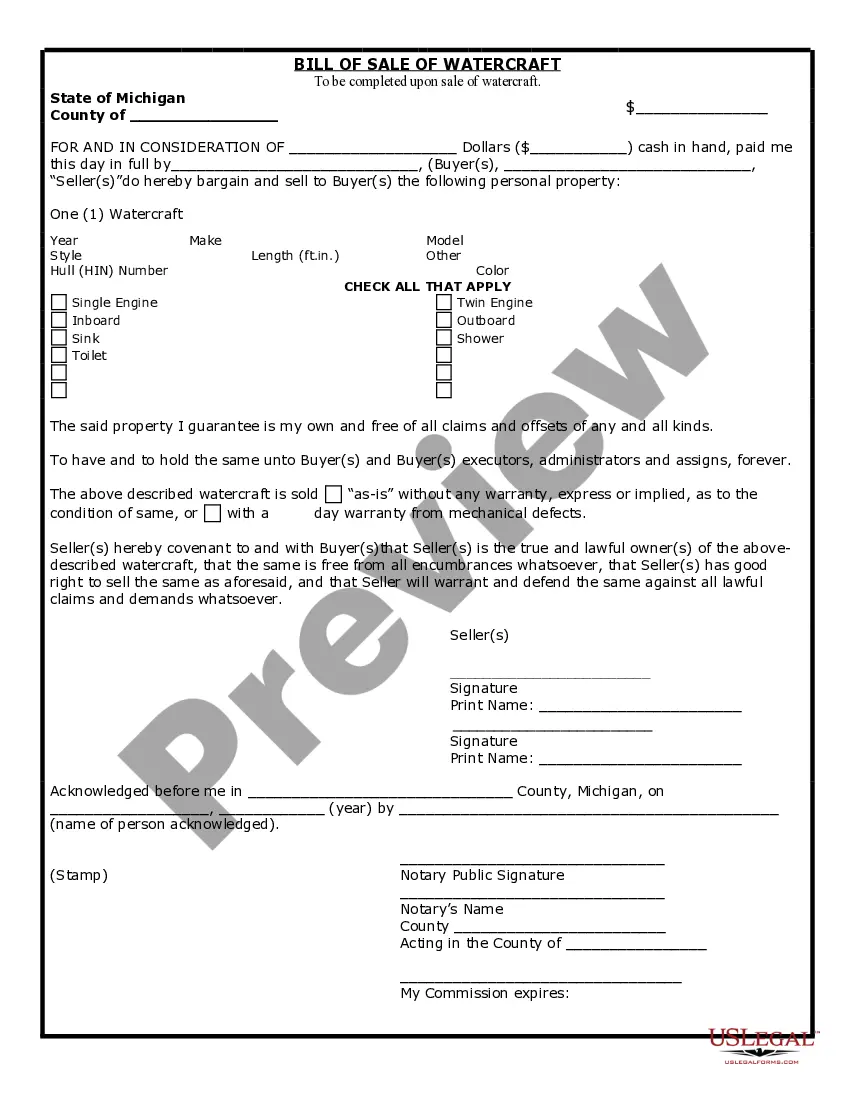 Preview Bill of Sale for WaterCraft or Boat