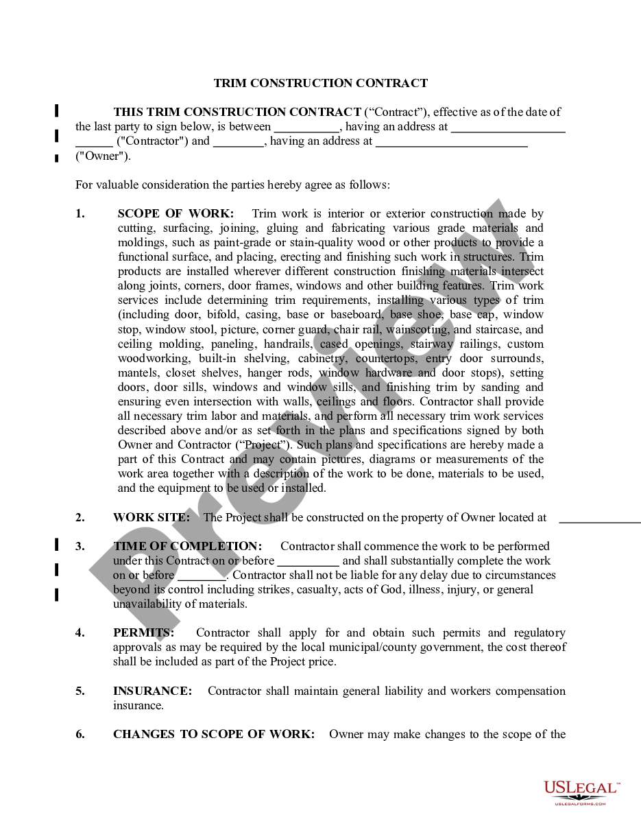 page 0 Trim Carpenter Contract for Contractor preview