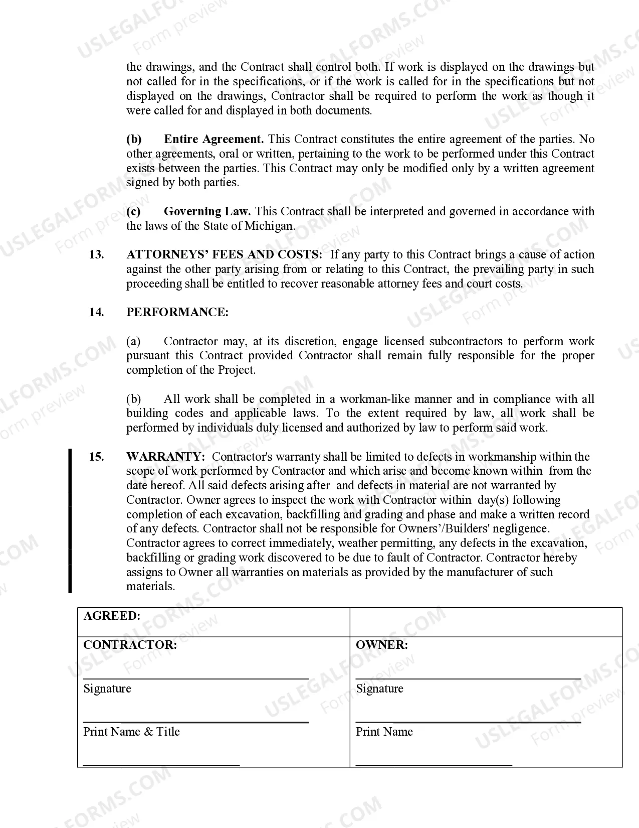 Preview Excavator Contract for Contractor