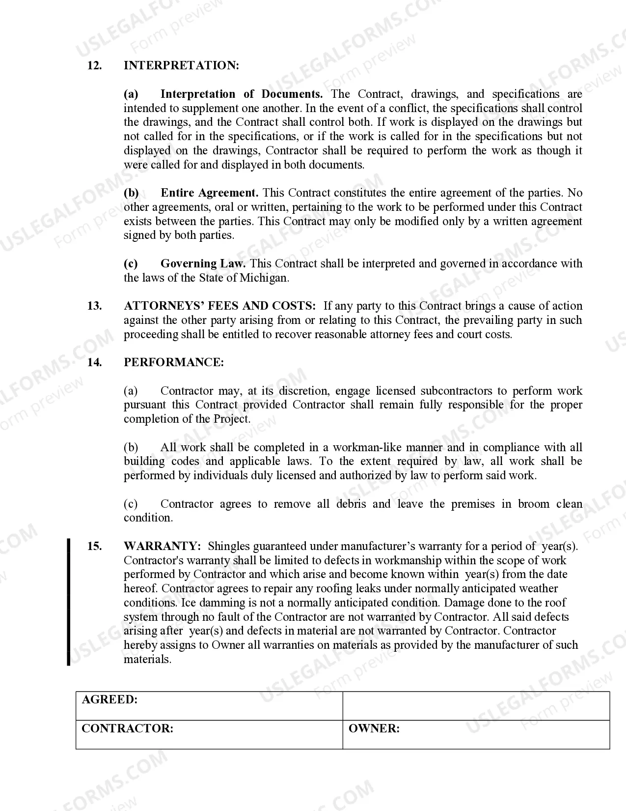 Preview Roofing Contract for Contractor