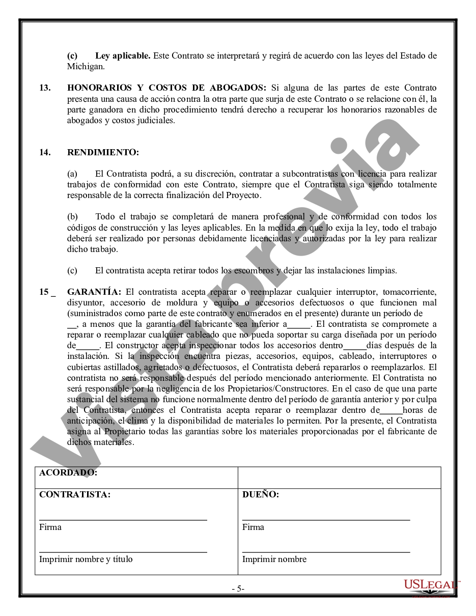 Detroit Michigan Contrato Eléctrico para Contratista | US Legal Forms