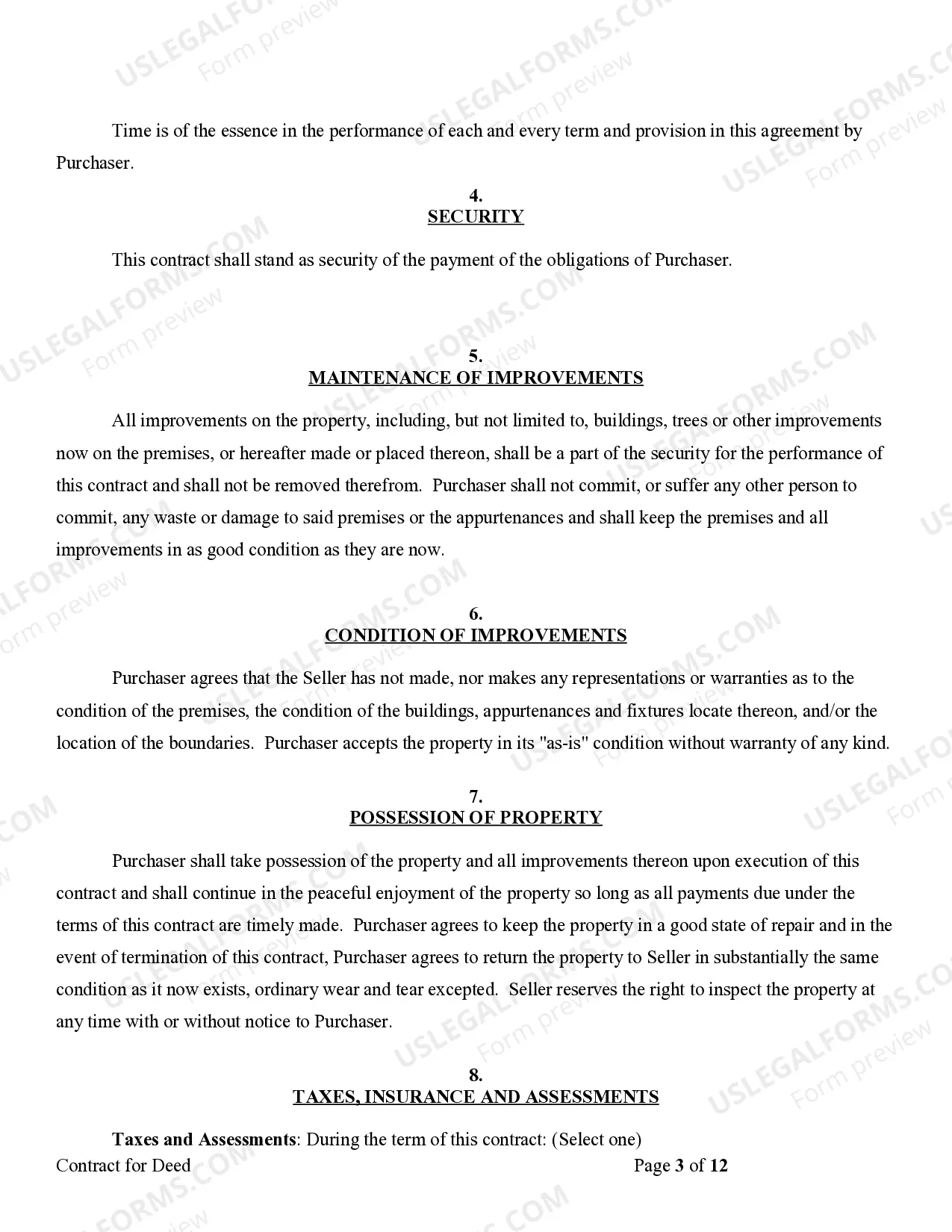 Preview Agreement or Contract for Deed for Sale and Purchase of Real Estate a/k/a Land or Executory Contract