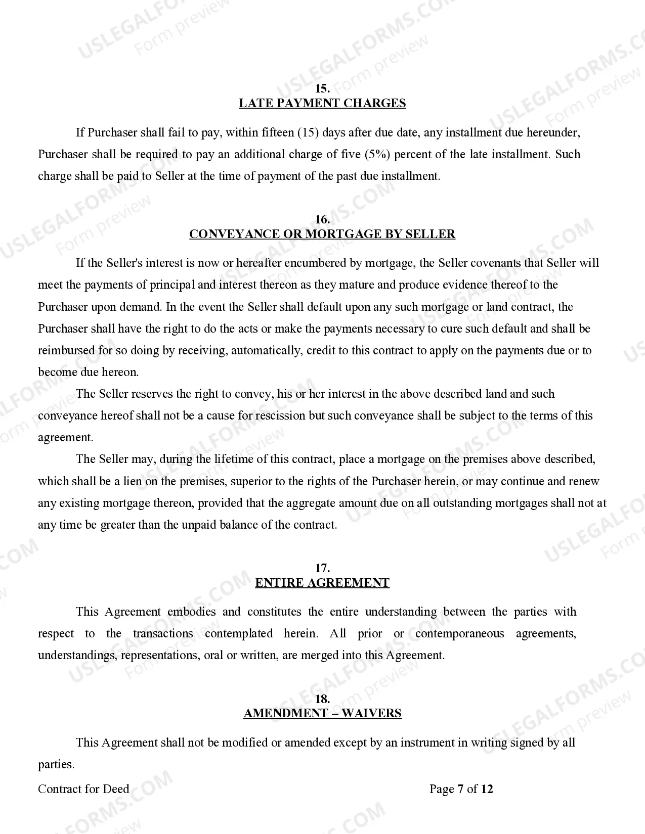 Preview Agreement or Contract for Deed for Sale and Purchase of Real Estate a/k/a Land or Executory Contract