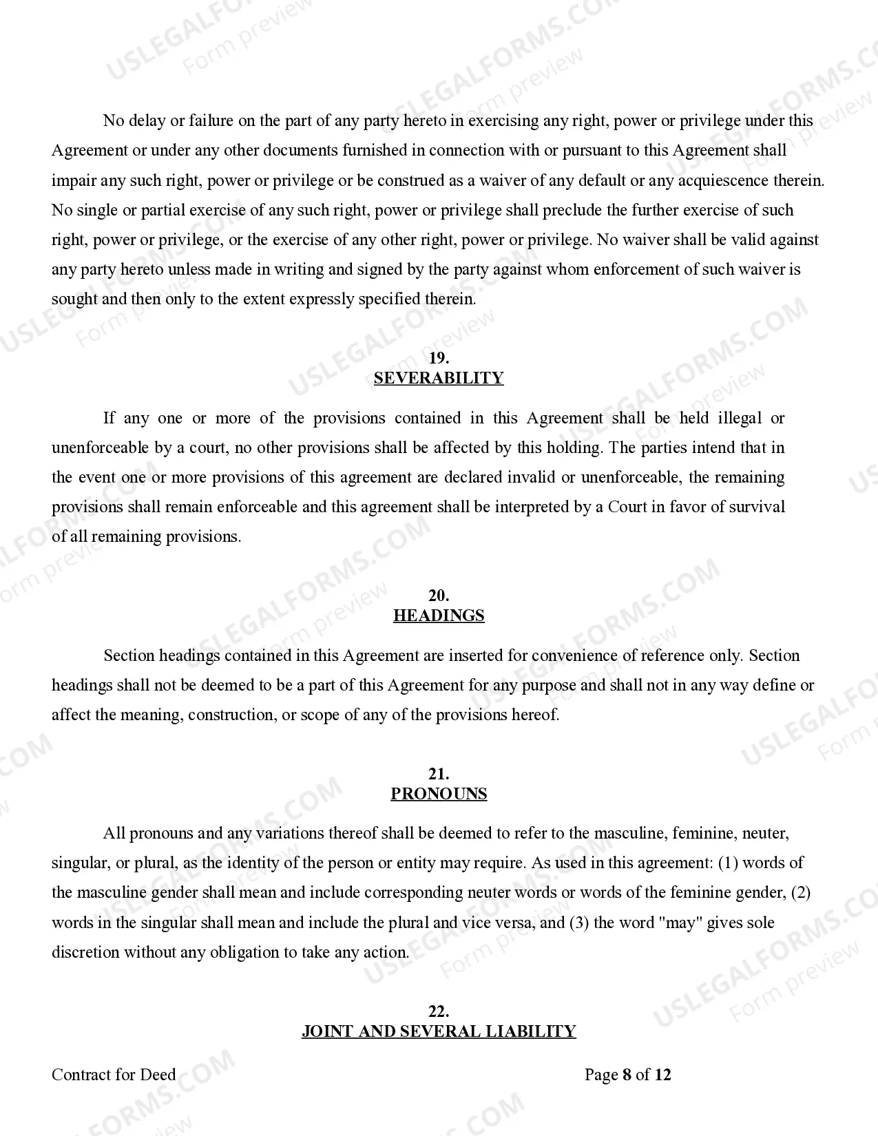Preview Agreement or Contract for Deed for Sale and Purchase of Real Estate a/k/a Land or Executory Contract