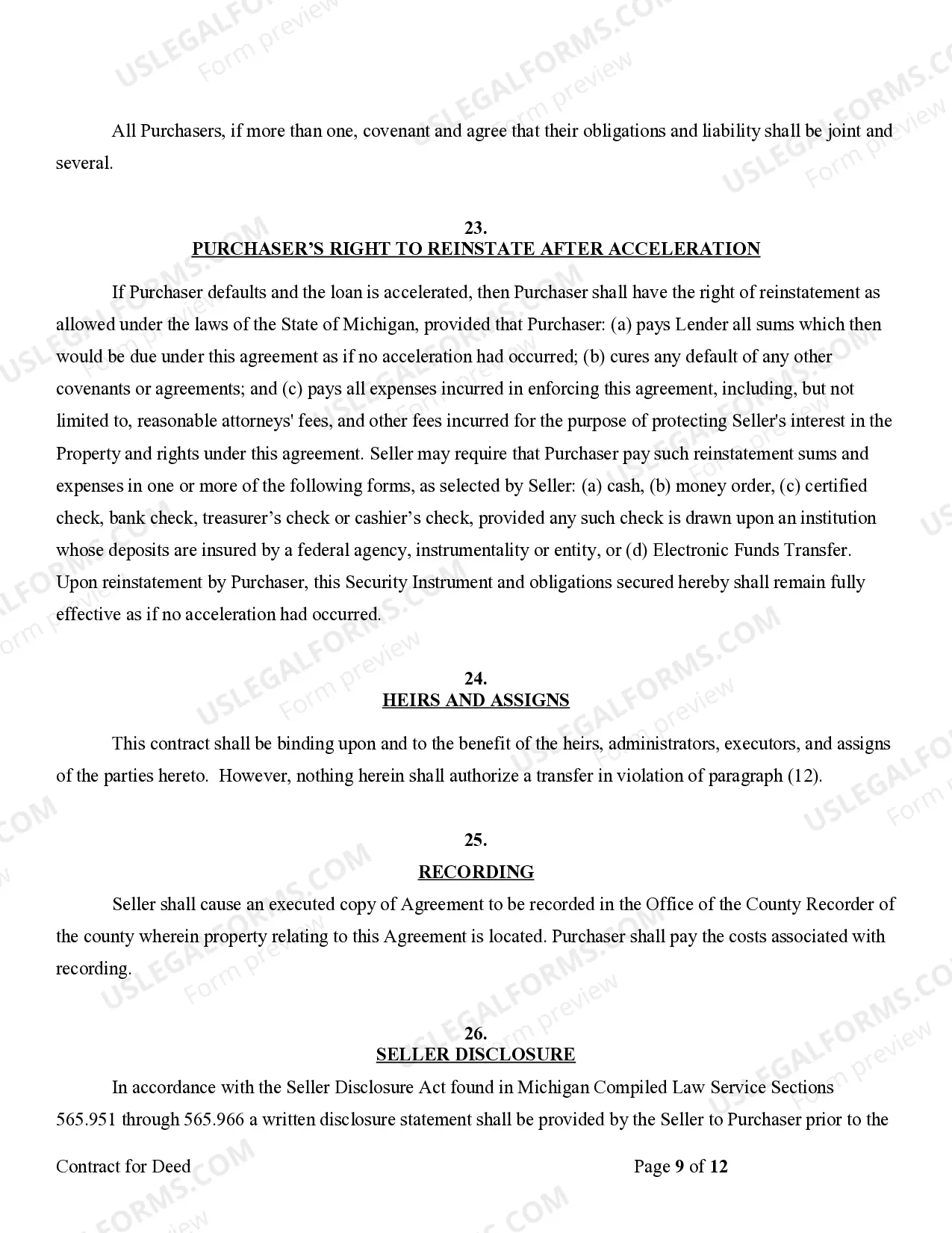 Preview Agreement or Contract for Deed for Sale and Purchase of Real Estate a/k/a Land or Executory Contract