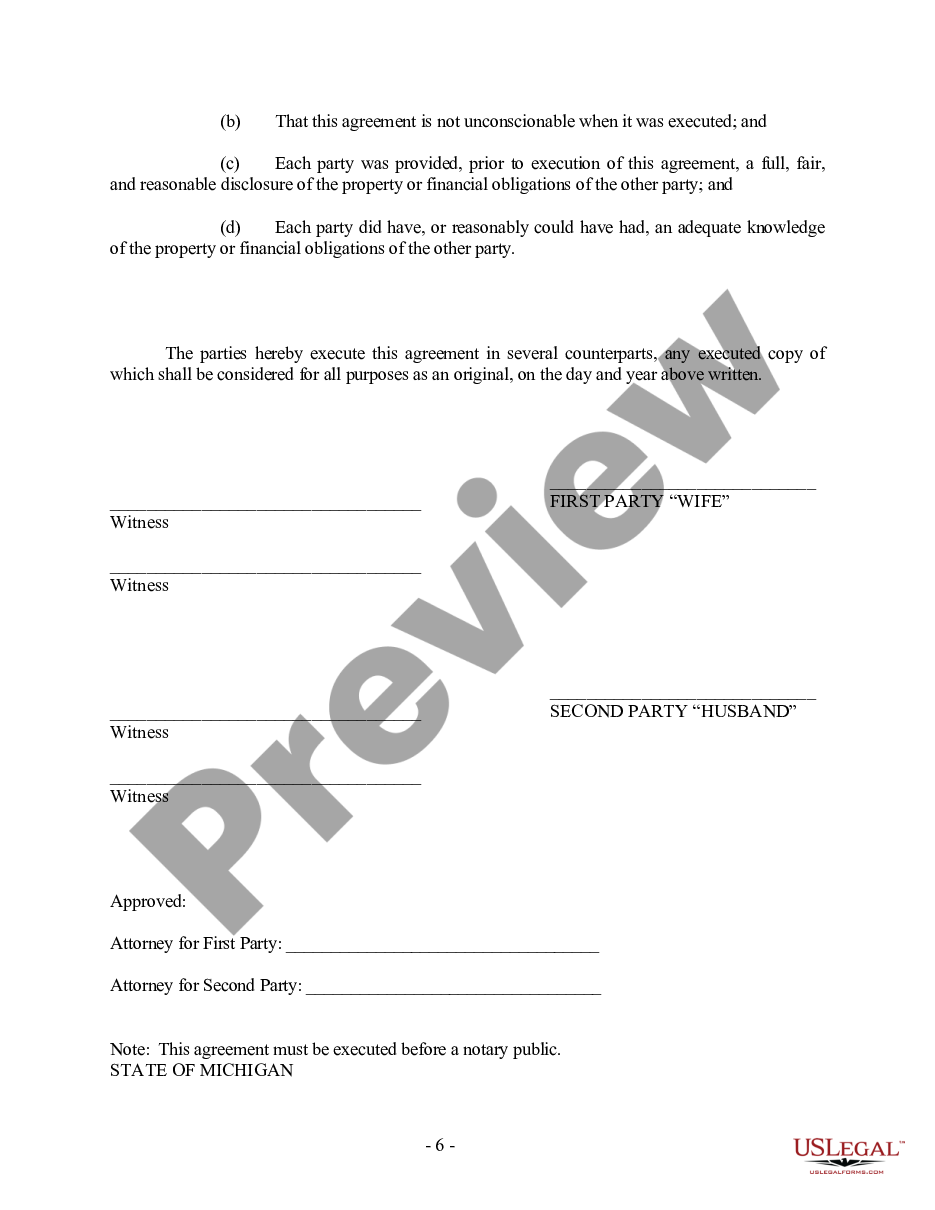 Michigan Prenuptial Premarital Agreement without Financial Statements