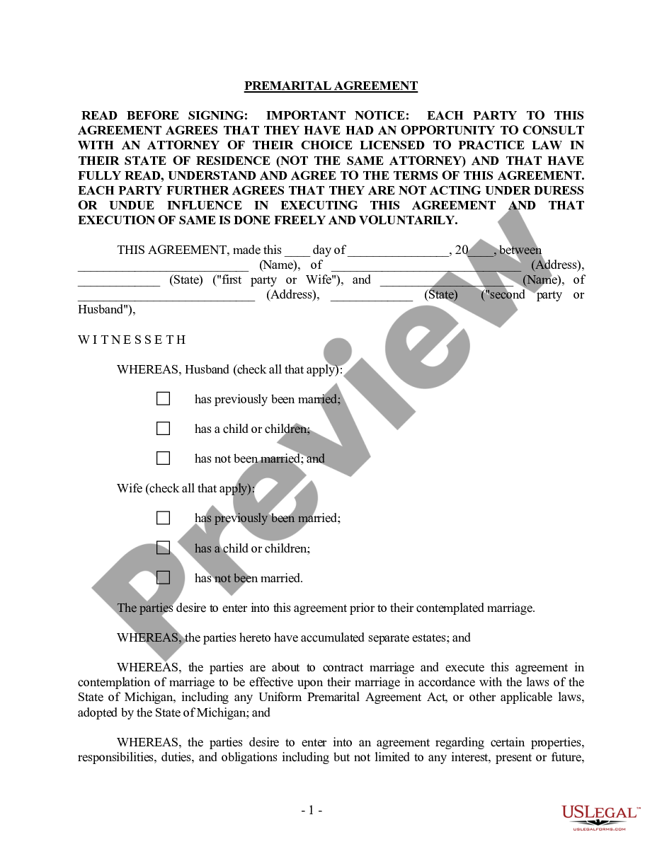 page 0 Michigan Prenuptial Premarital Agreement with Financial Statements preview