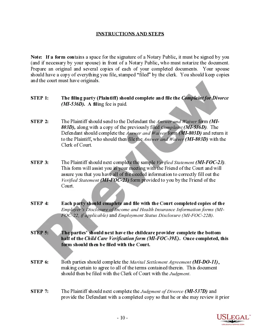 Preview Michigan No-Fault Agreed Uncontested Divorce Package for Dissolution of Marriage for people with Minor Children