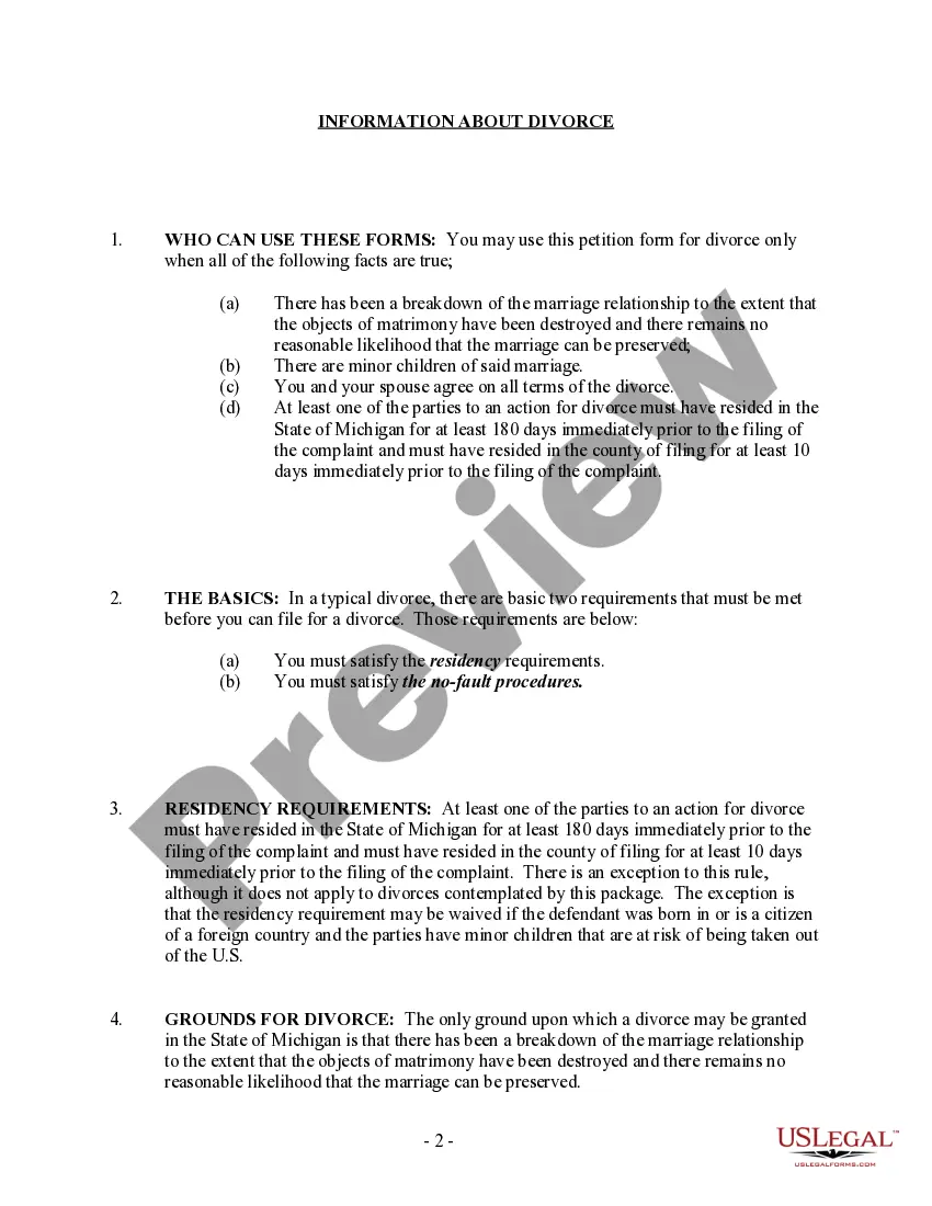 Preview Michigan No-Fault Agreed Uncontested Divorce Package for Dissolution of Marriage for people with Minor Children