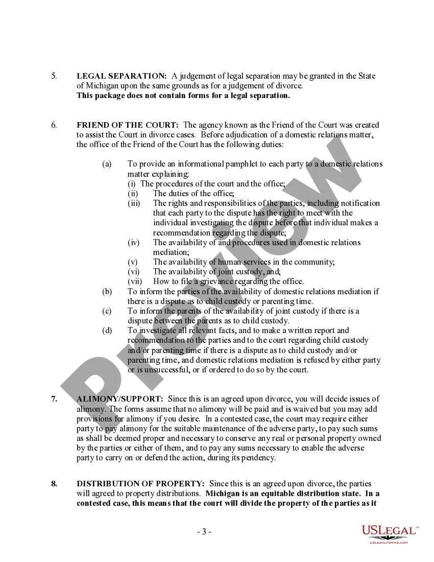 Preview Michigan No-Fault Agreed Uncontested Divorce Package for Dissolution of Marriage for people with Minor Children