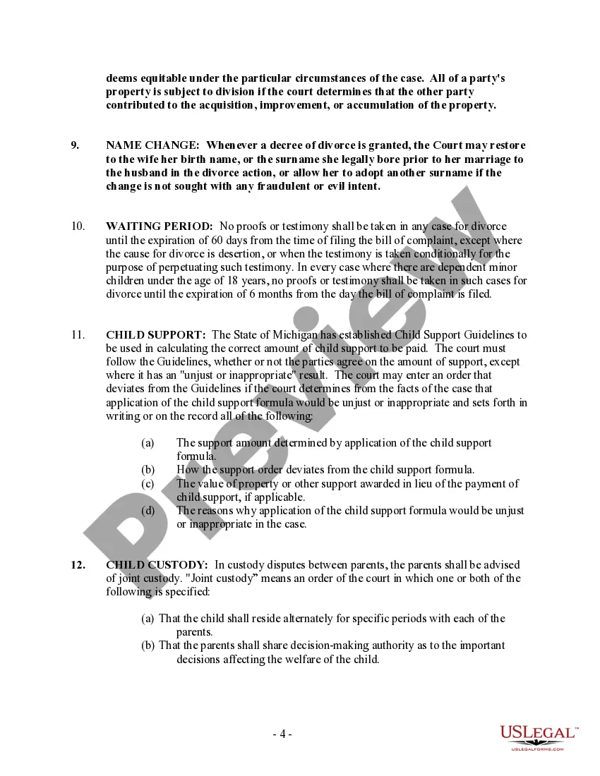Preview Michigan No-Fault Agreed Uncontested Divorce Package for Dissolution of Marriage for people with Minor Children
