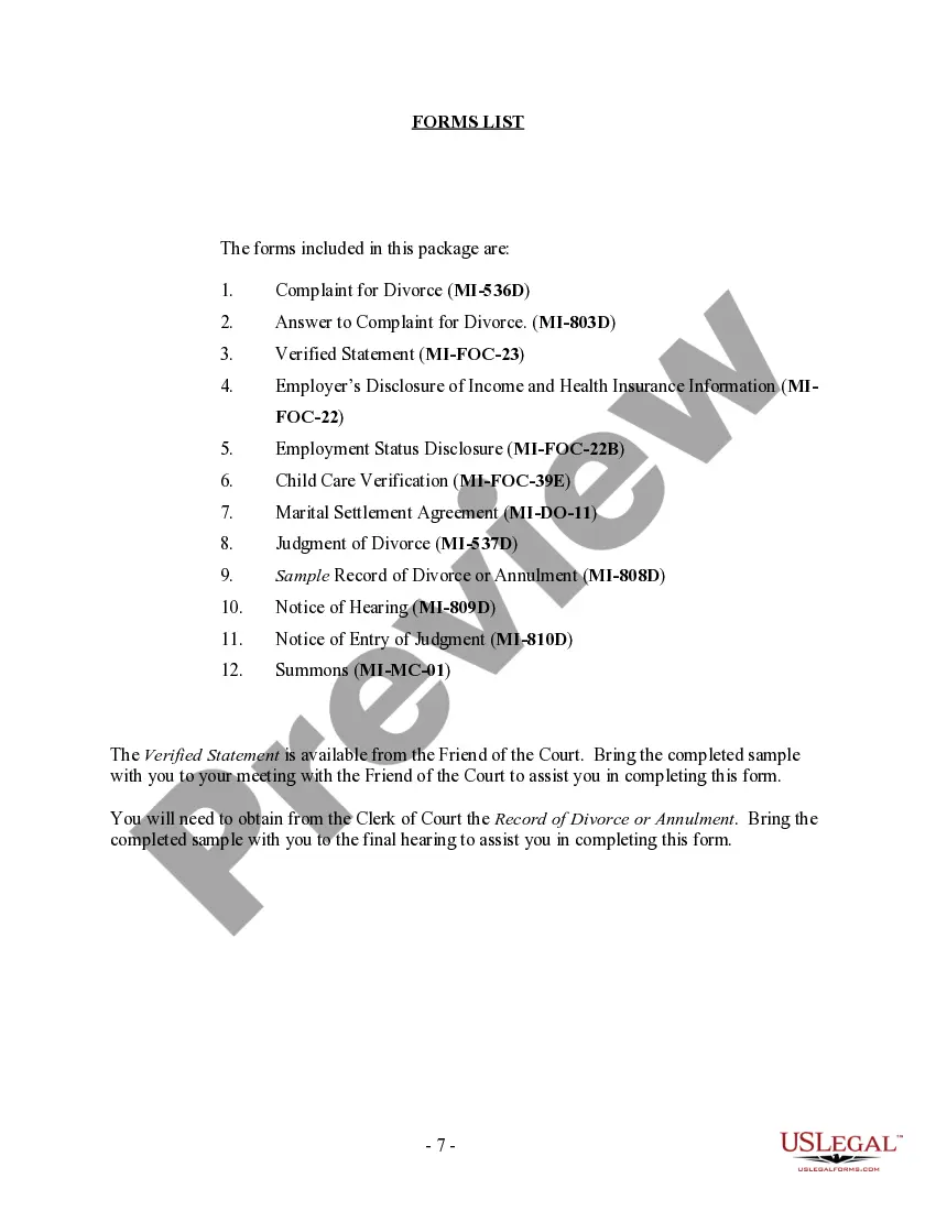 Preview Michigan No-Fault Agreed Uncontested Divorce Package for Dissolution of Marriage for people with Minor Children