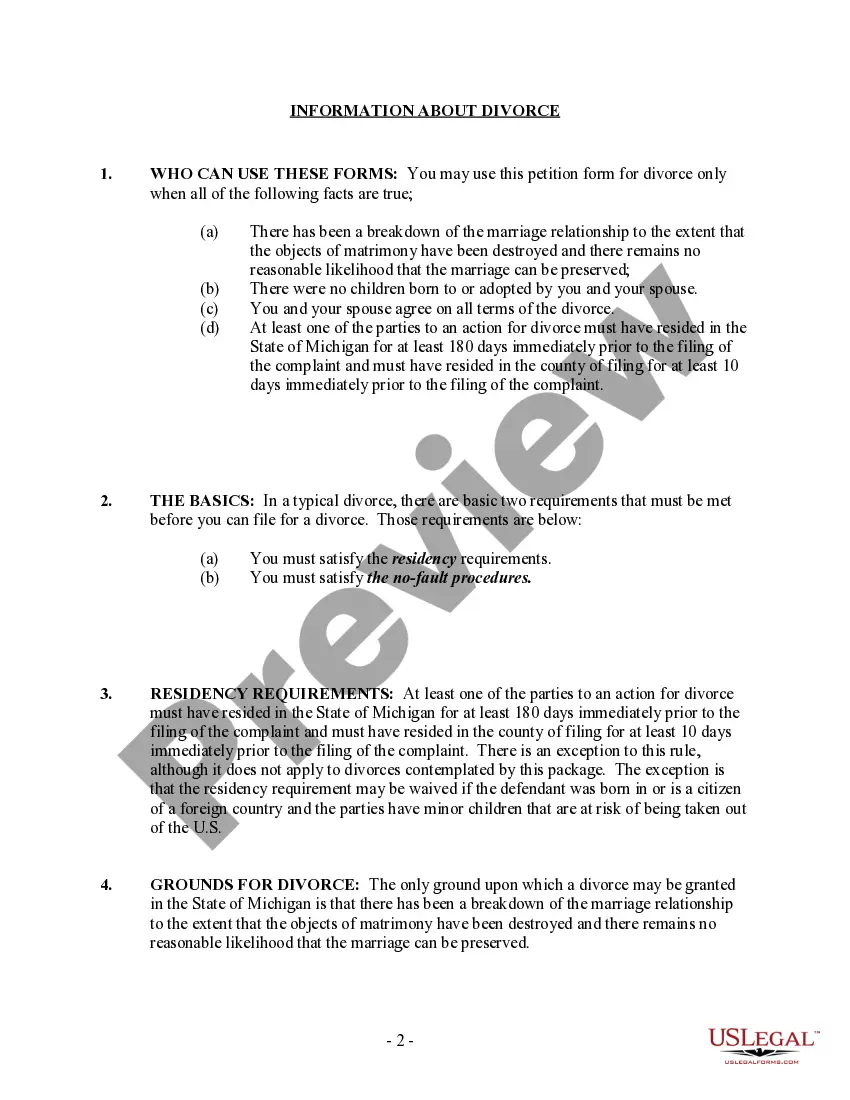 Preview Michigan No-Fault Agreed Uncontested Divorce Package for Dissolution of Marriage for Persons with No Children with or without Property and Debts