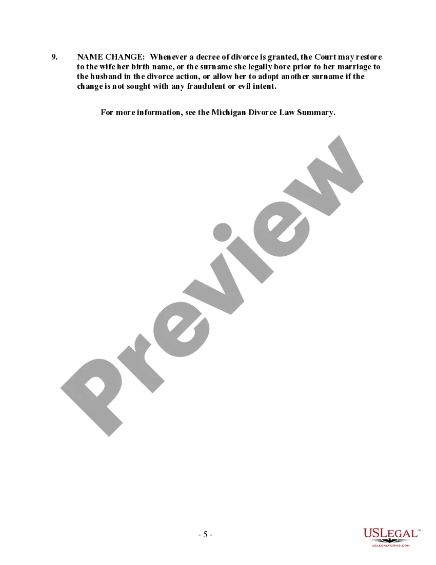 Preview Michigan No-Fault Agreed Uncontested Divorce Package for Dissolution of Marriage for Persons with No Children with or without Property and Debts