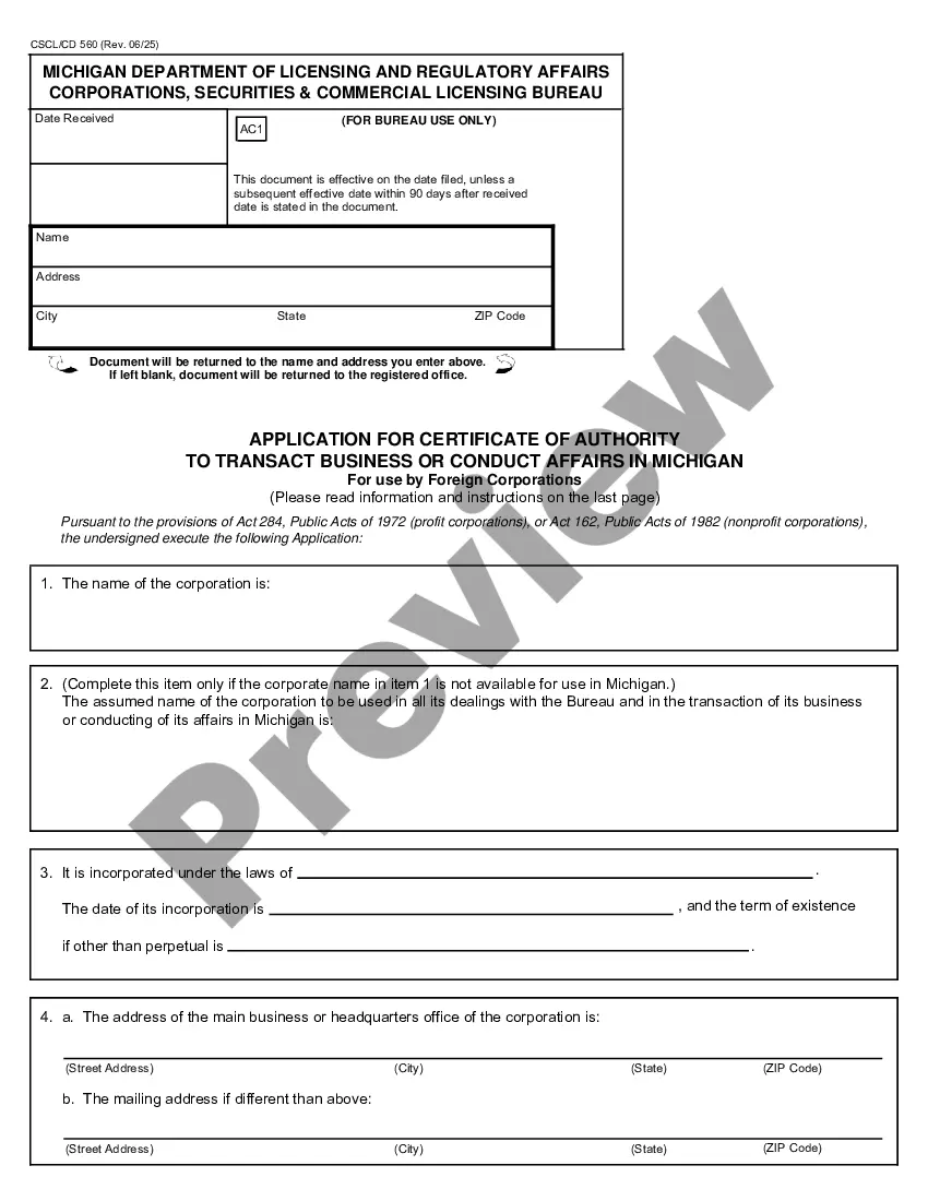 Preview Michigan Registration of Foreign Corporation