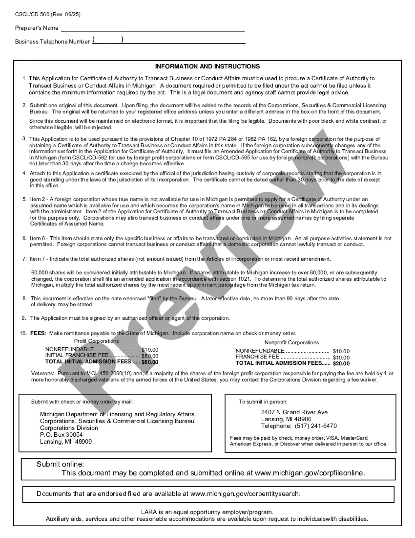 Preview Michigan Registration of Foreign Corporation