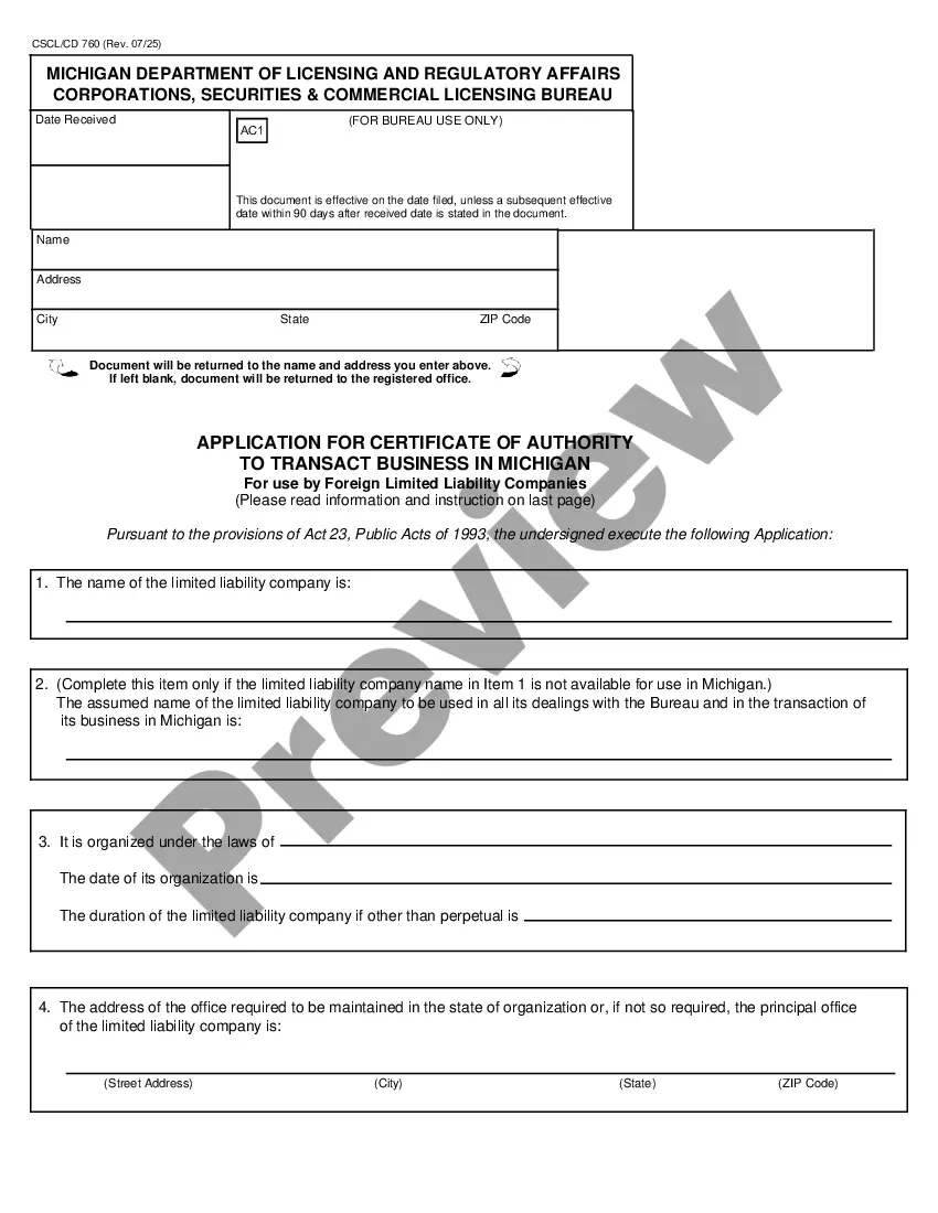 Preview Michigan Registration of Foreign Corporation