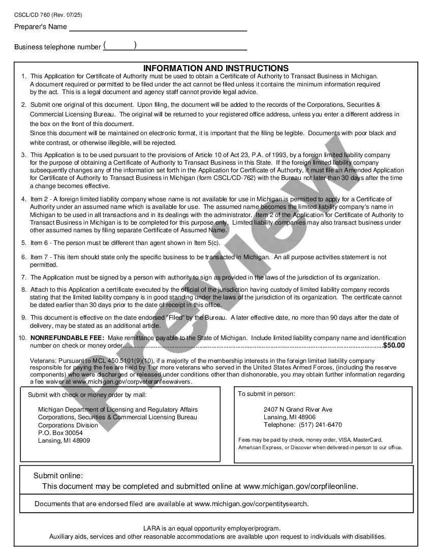 Preview Michigan Registration of Foreign Corporation