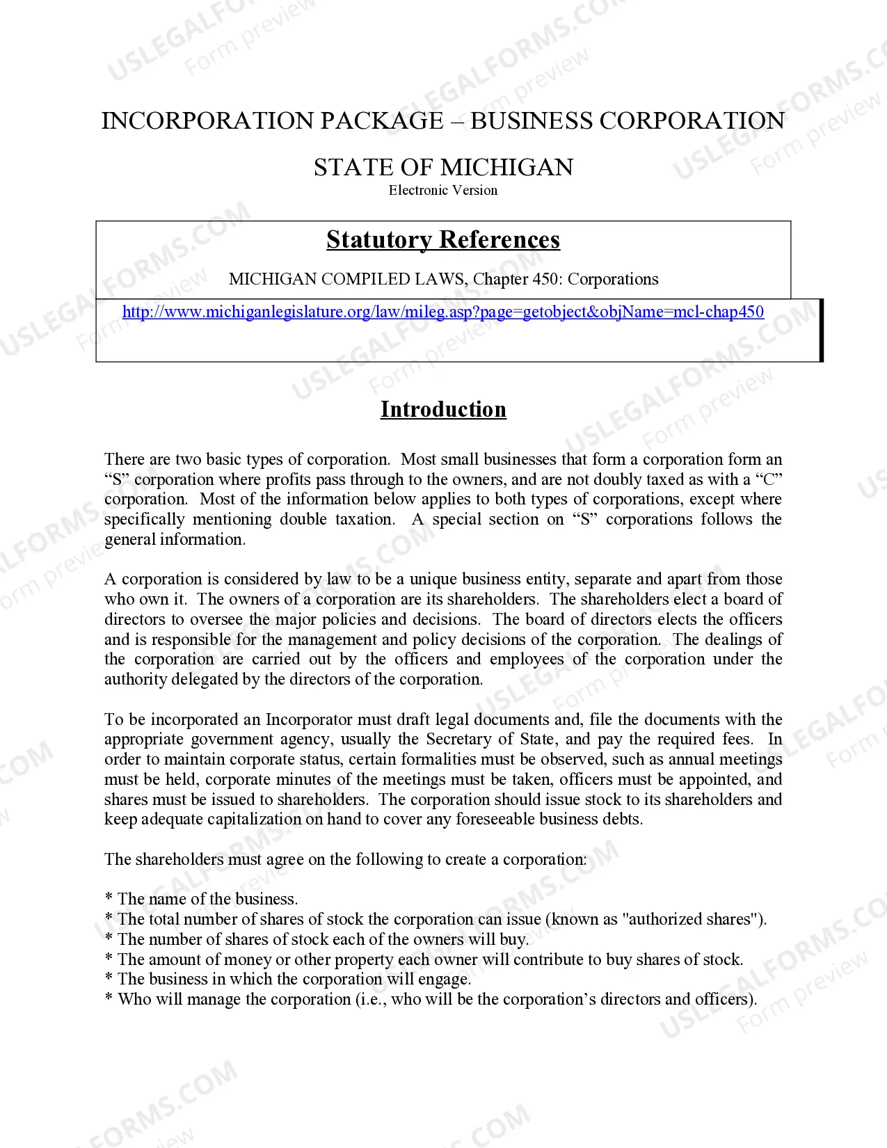 Preview Michigan Business Incorporation Package to Incorporate Corporation