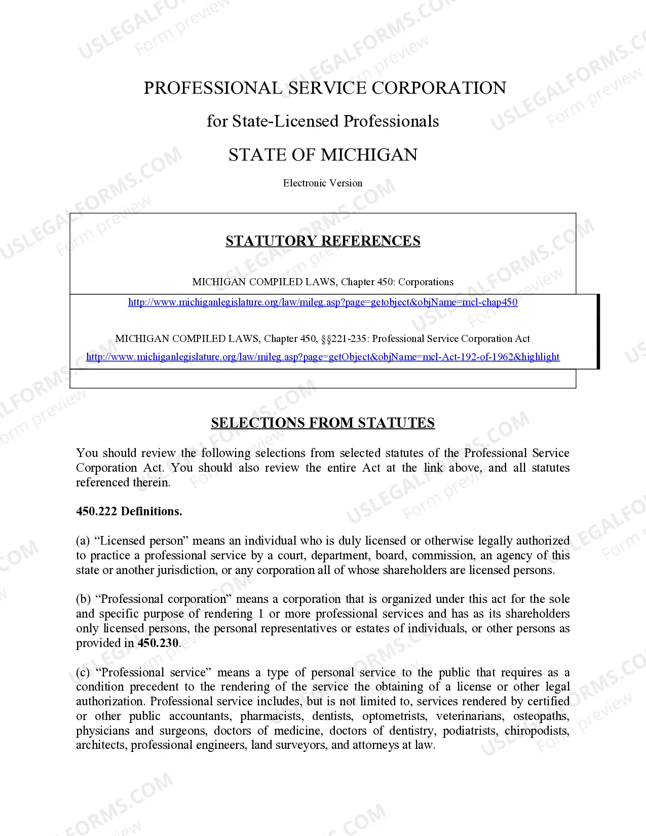 Preview Professional Corporation Package for Michigan