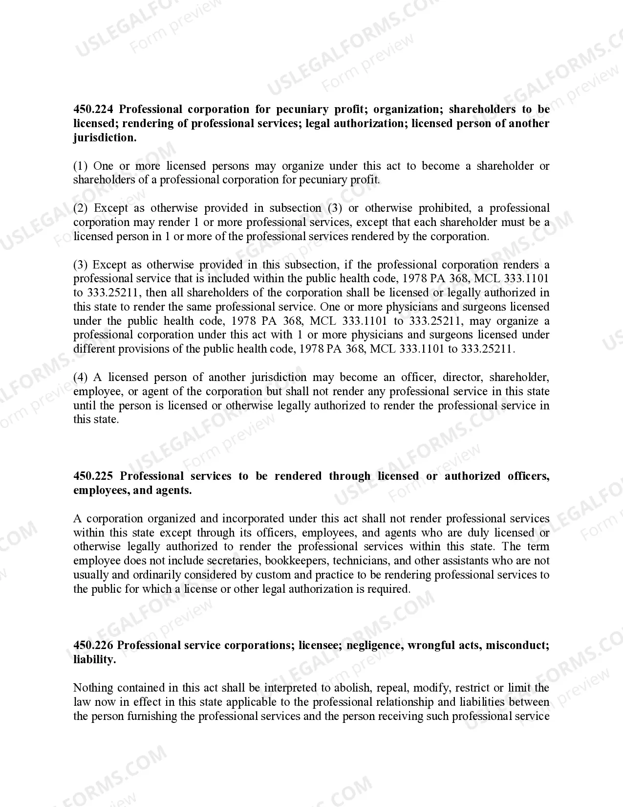 Preview Professional Corporation Package for Michigan