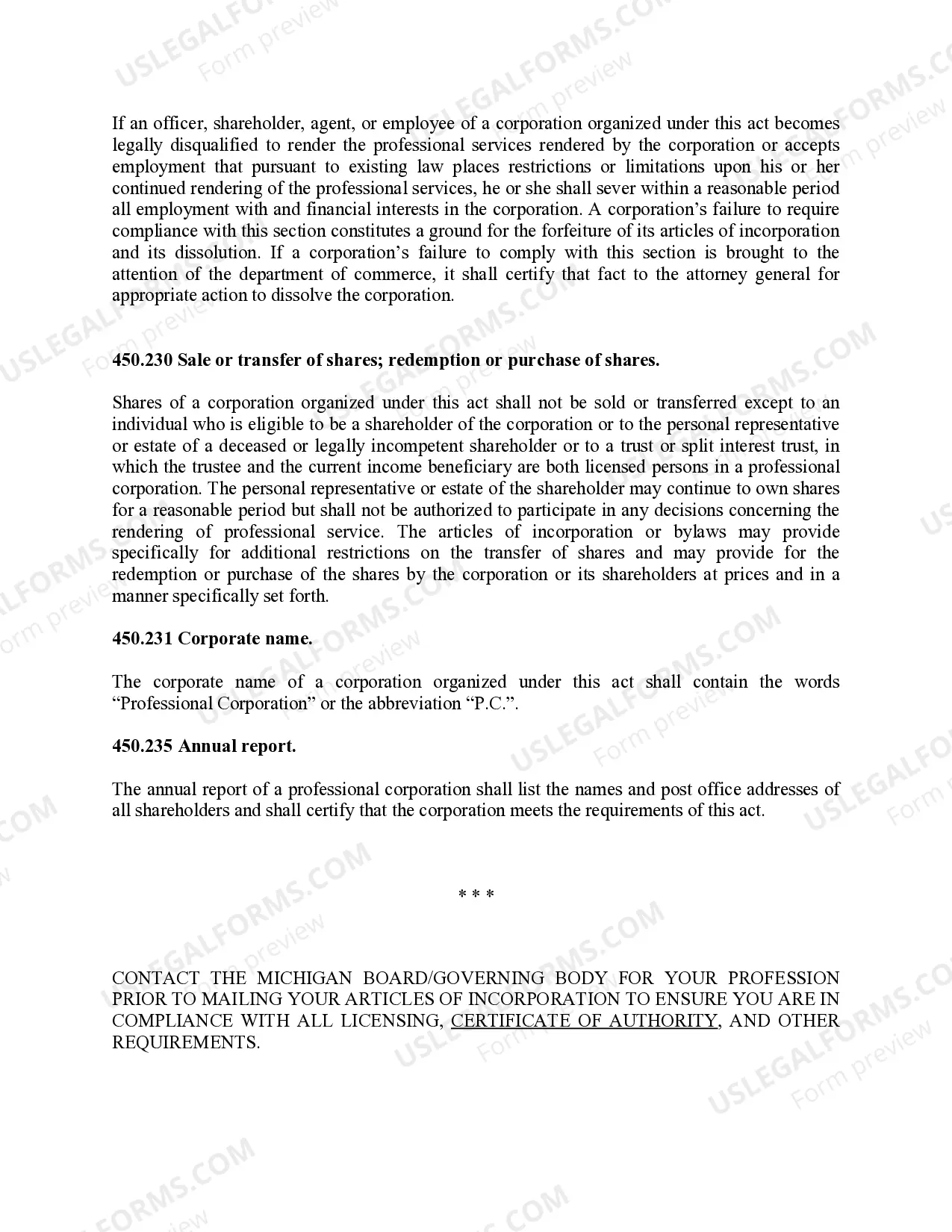 Preview Professional Corporation Package for Michigan