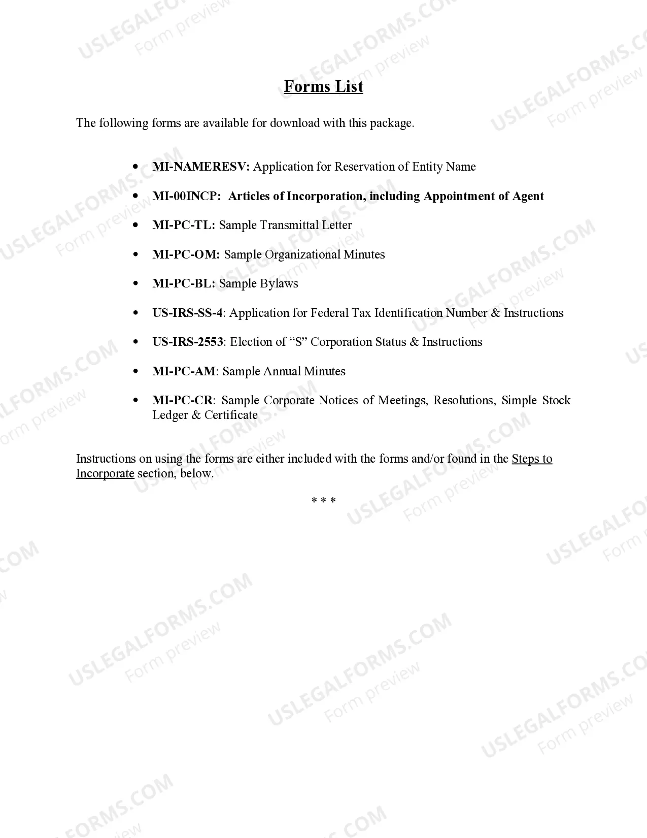 Preview Professional Corporation Package for Michigan