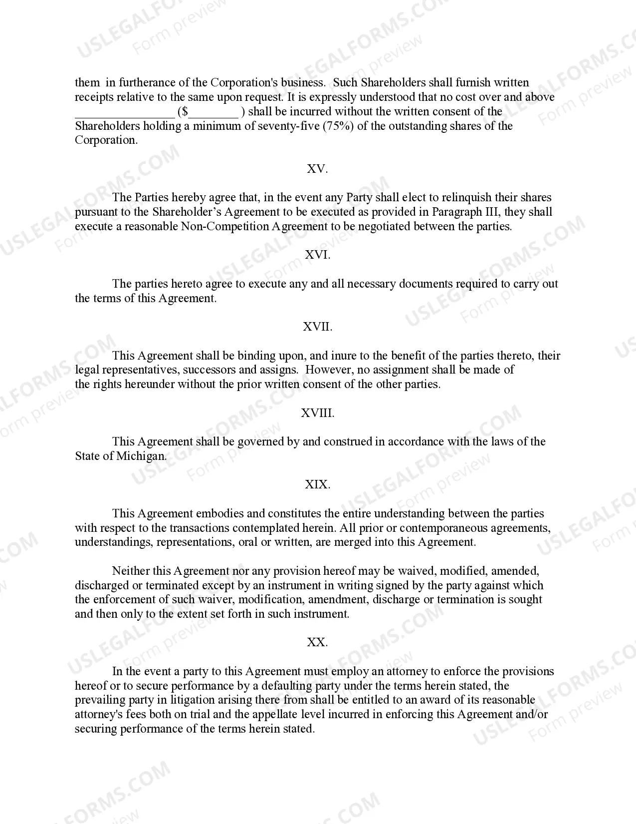 Preview Michigan Pre-Incorporation Agreement, Shareholders Agreement and Confidentiality Agreement