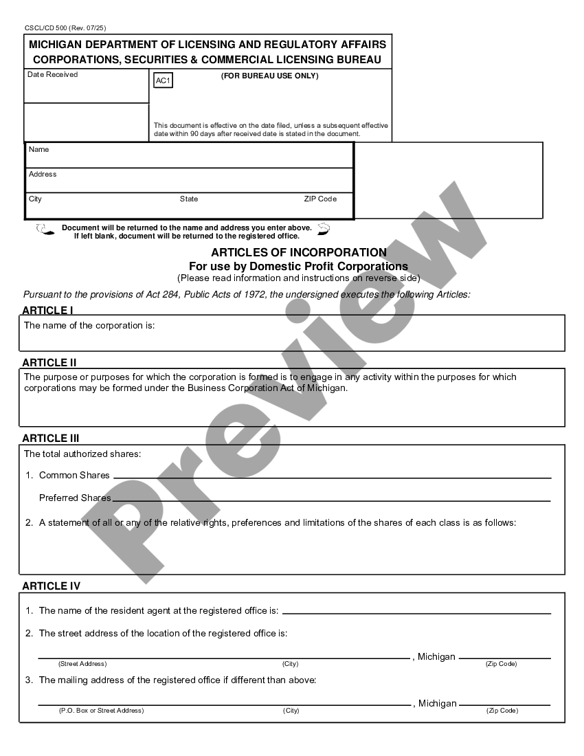 Michigan Articles of Incorporation for Domestic For Michigan Articles