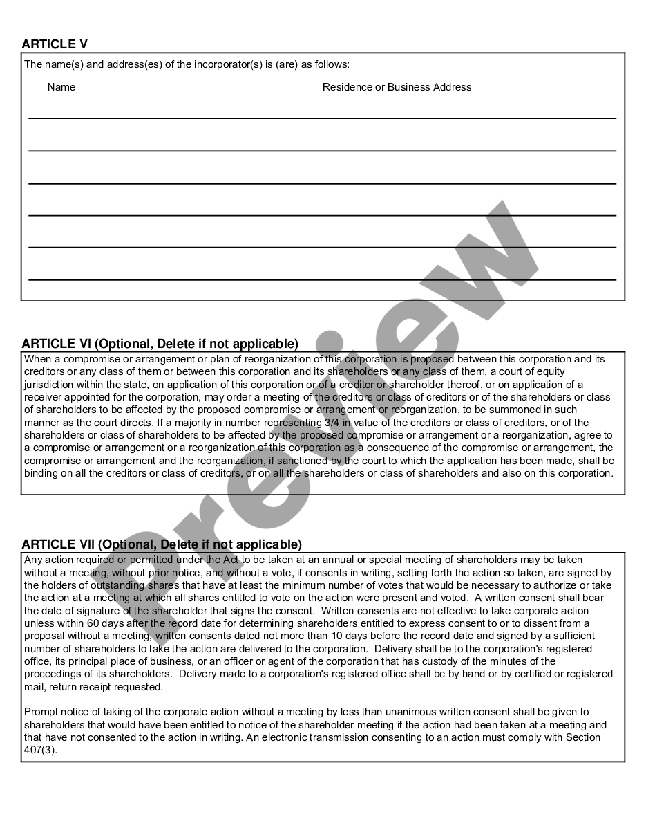 page 1 Michigan Articles of Incorporation for Domestic For-Profit Corporation preview