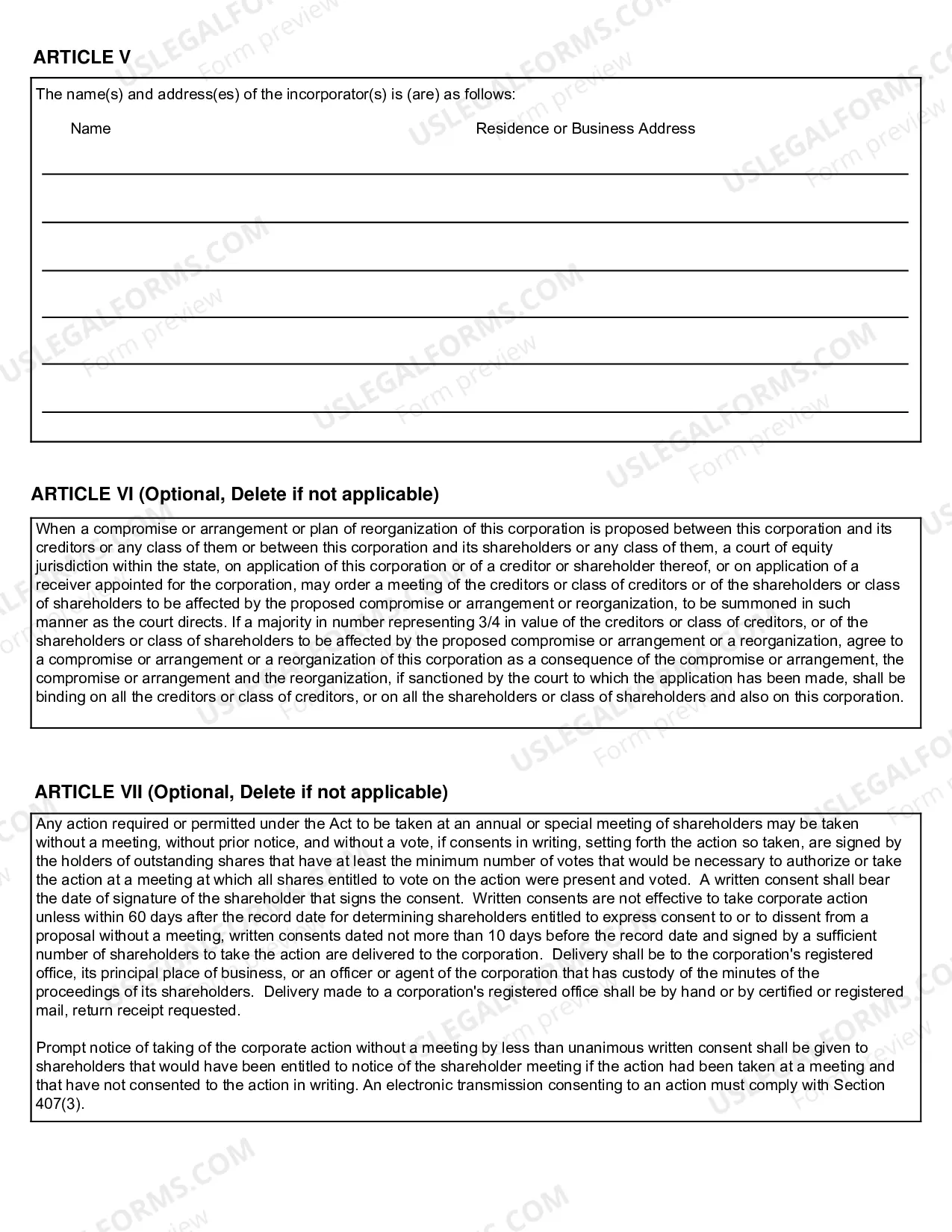 Preview Michigan Articles of Incorporation for Domestic For-Profit Corporation