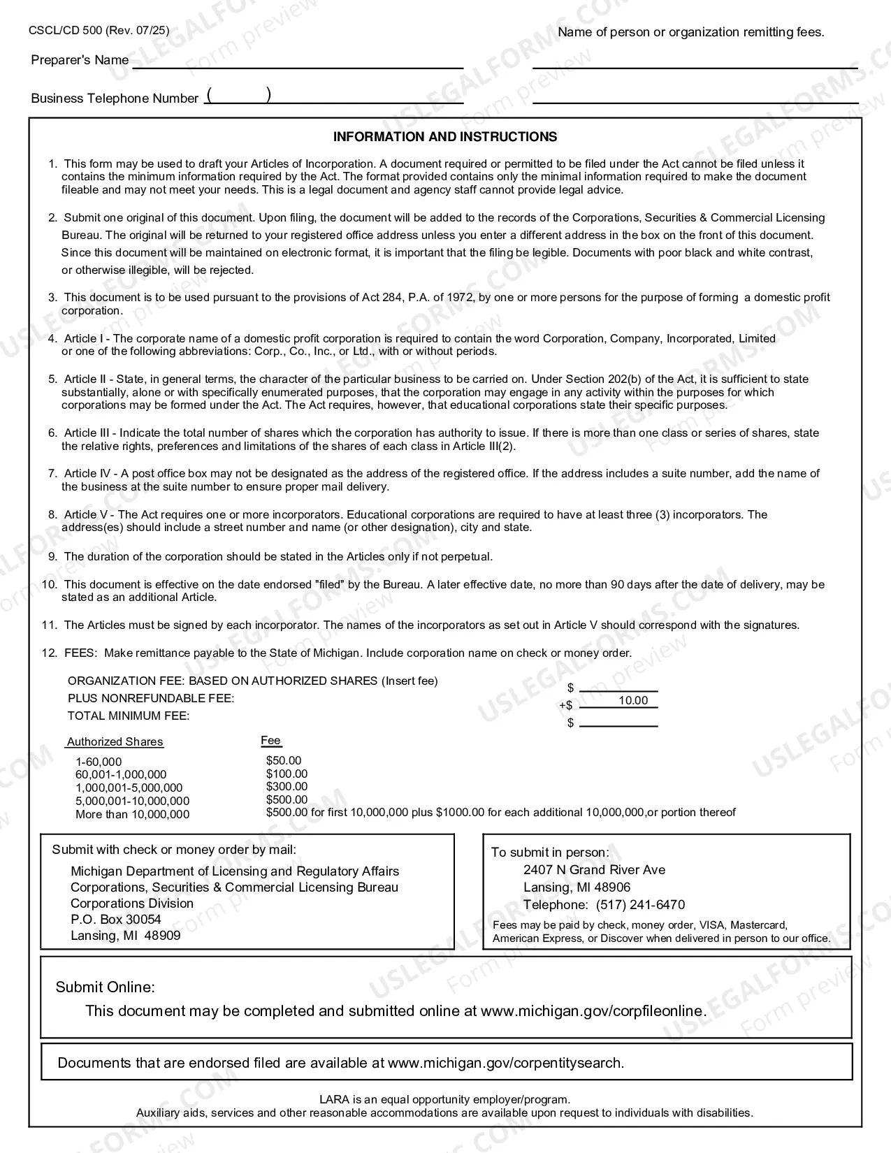Preview Michigan Articles of Incorporation for Domestic For-Profit Corporation