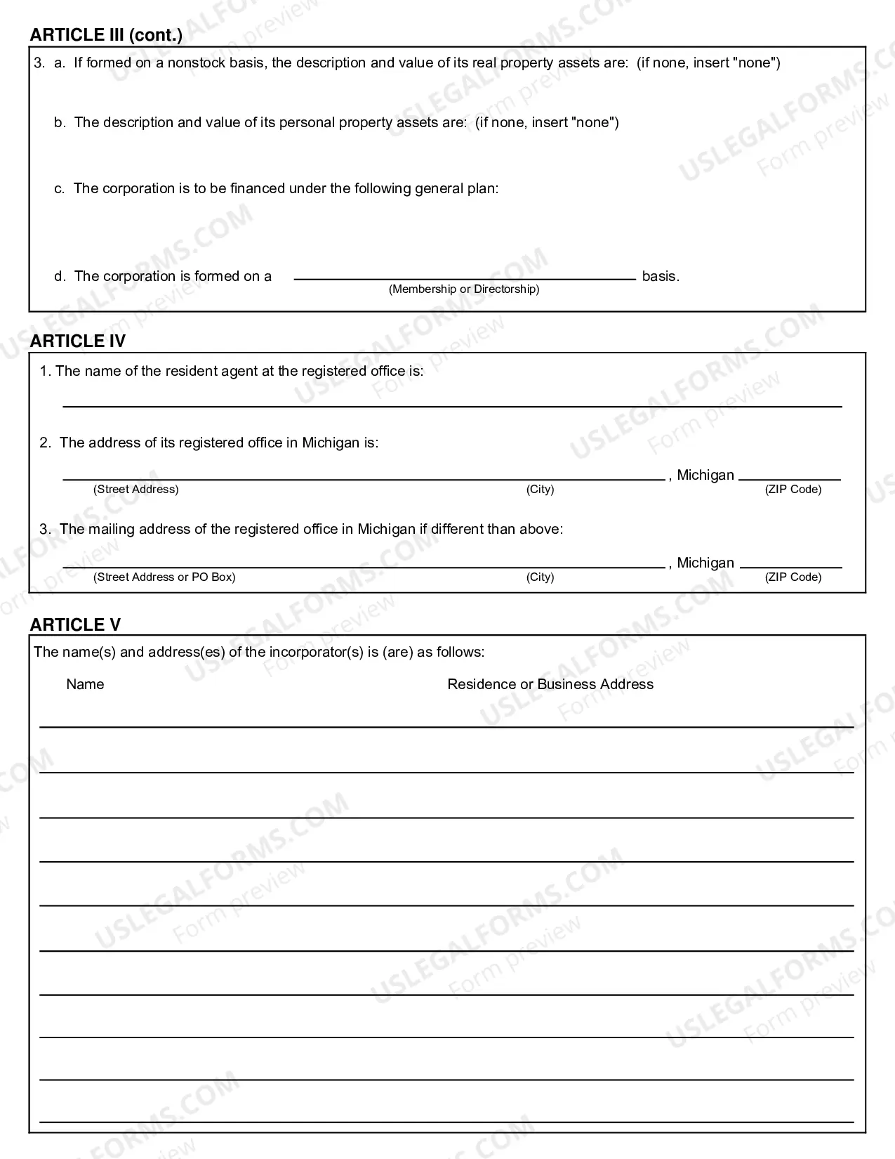 Preview Michigan Articles of Incorporation for Domestic Nonprofit Corporation