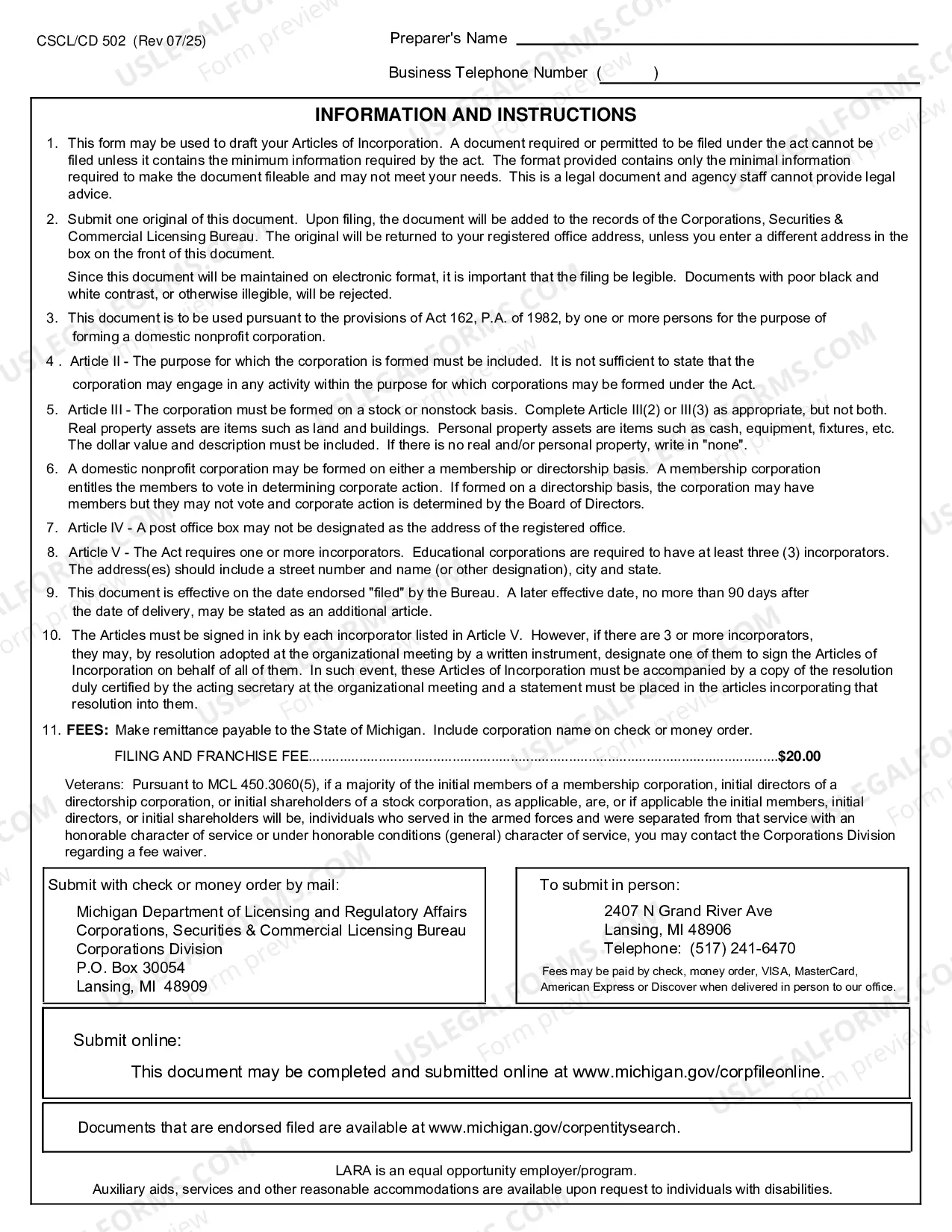 Preview Michigan Articles of Incorporation for Domestic Nonprofit Corporation