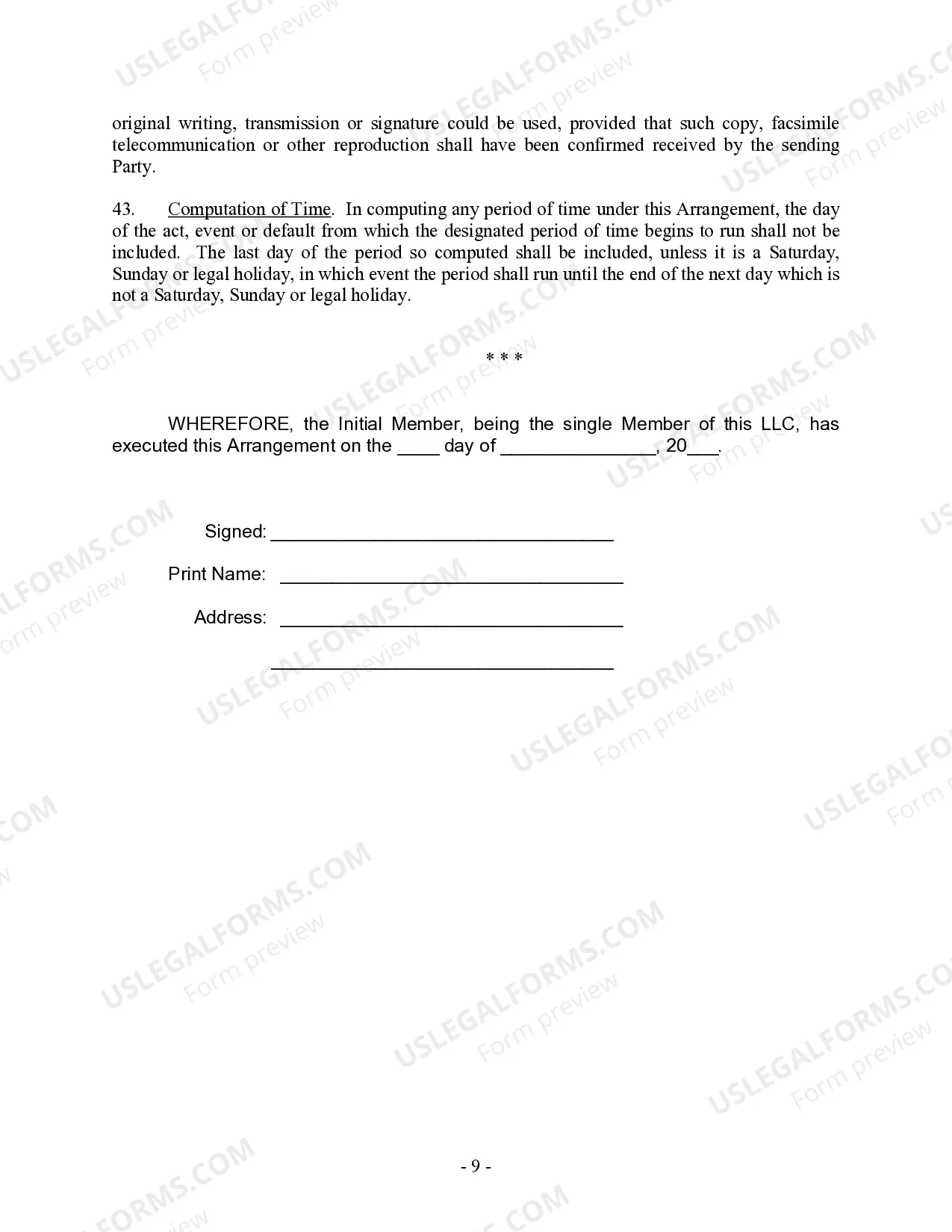 Preview Single Member Limited Liability Company LLC Operating Agreement