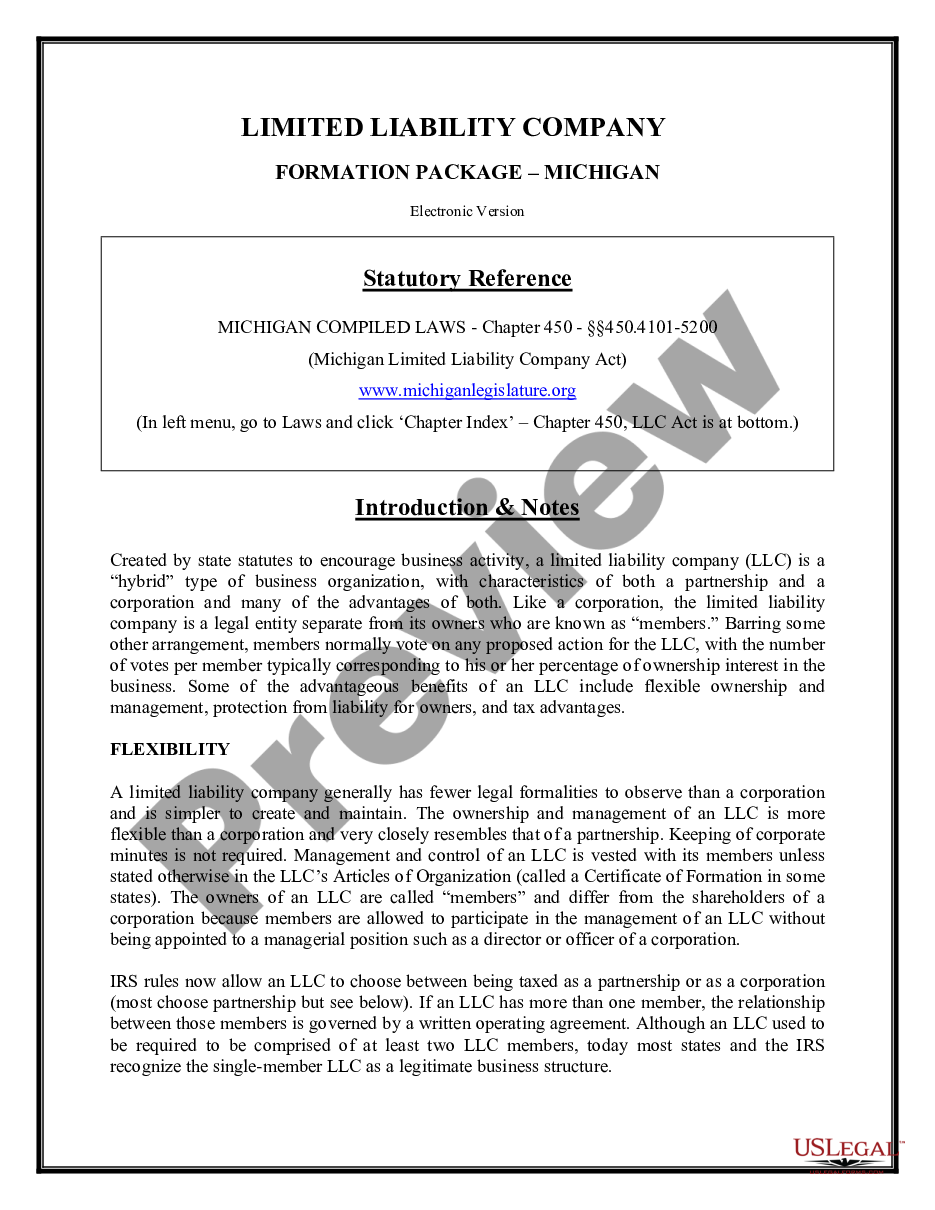 page 1 Michigan Limited Liability Company LLC Formation Package preview
