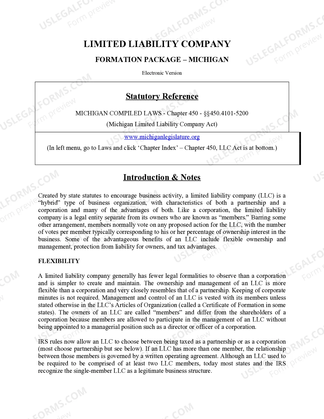 Preview Michigan Limited Liability Company LLC Formation Package