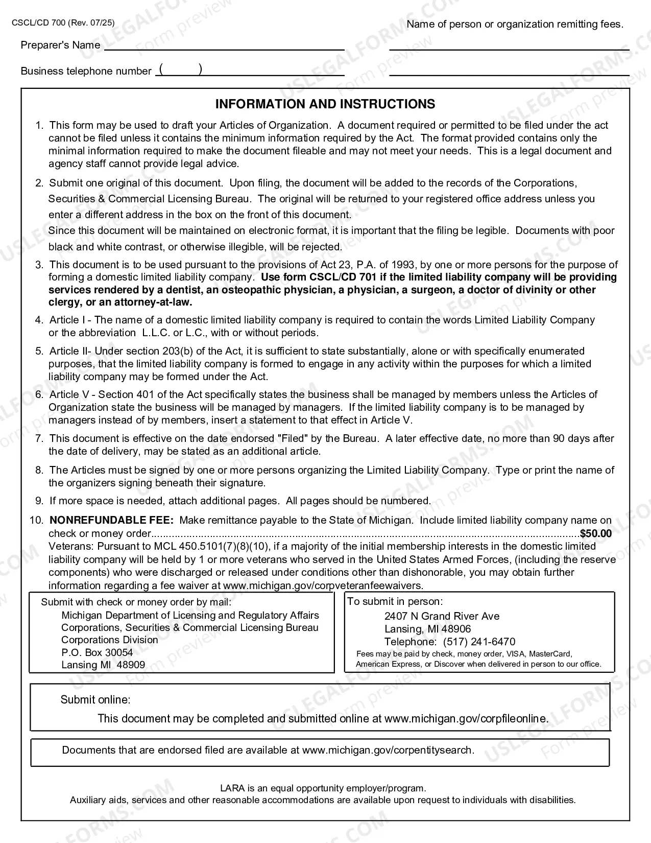 Preview Michigan Articles of Organization for Domestic Limited Liability Company LLC