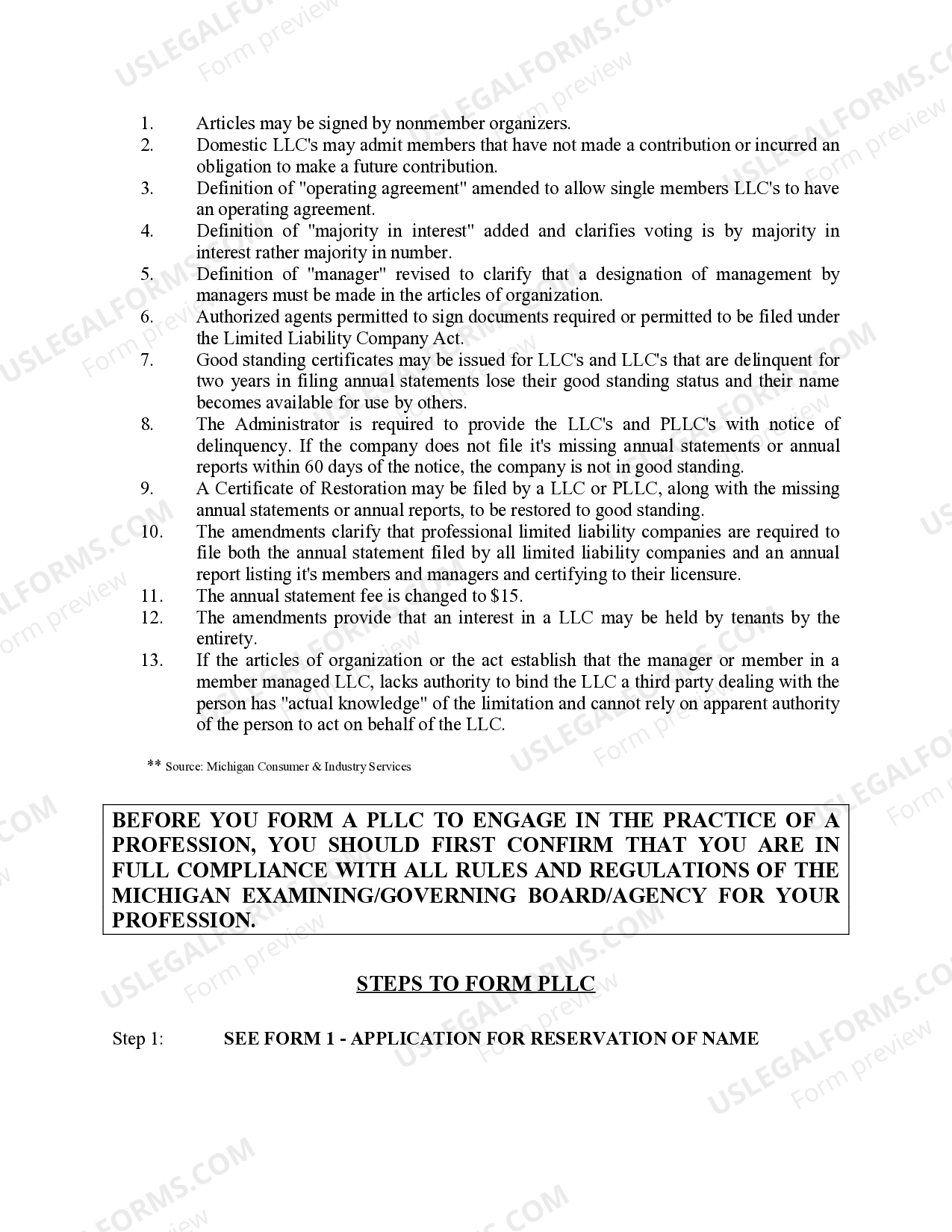 Michigan Professional Limited Liability Company PLLC Formation Package Michigan Limited