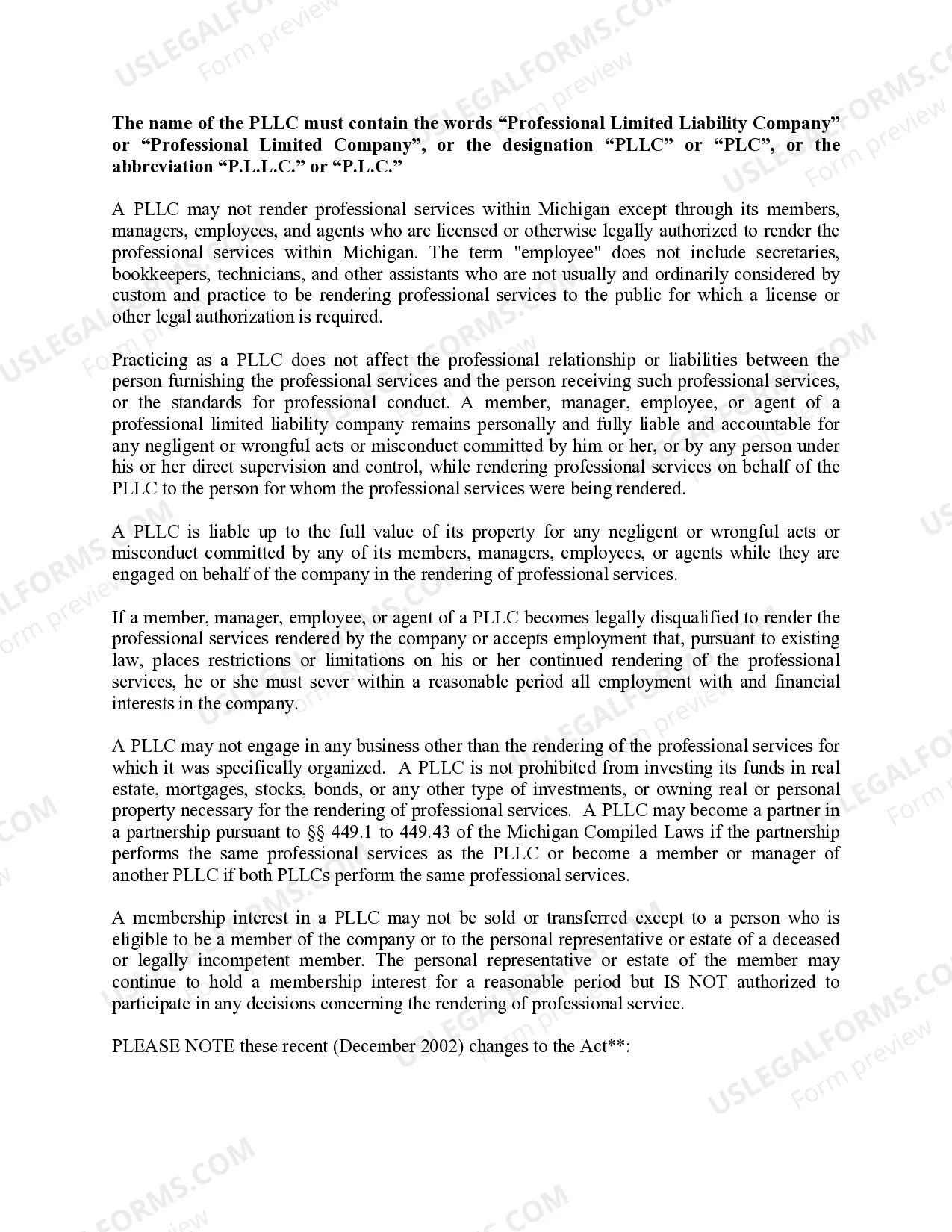 Preview Michigan Professional Limited Liability Company PLLC Formation Package