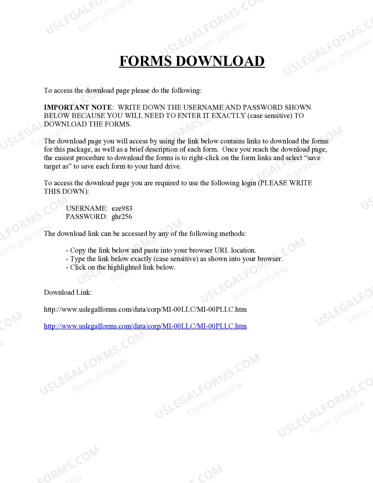 Preview Michigan Professional Limited Liability Company PLLC Formation Package