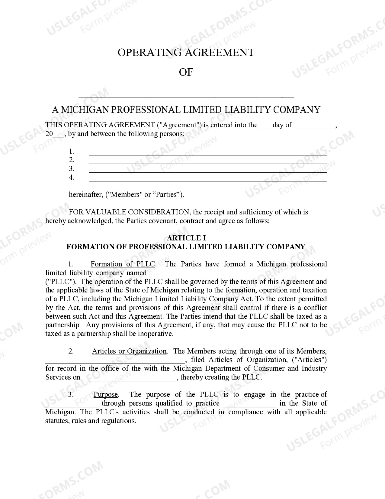 Preview Michigan Professional Limited Liability Company PLLC Formation Package