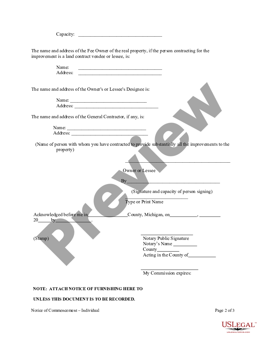 Detroit Michigan Notice of Commencement - Individual | US Legal Forms